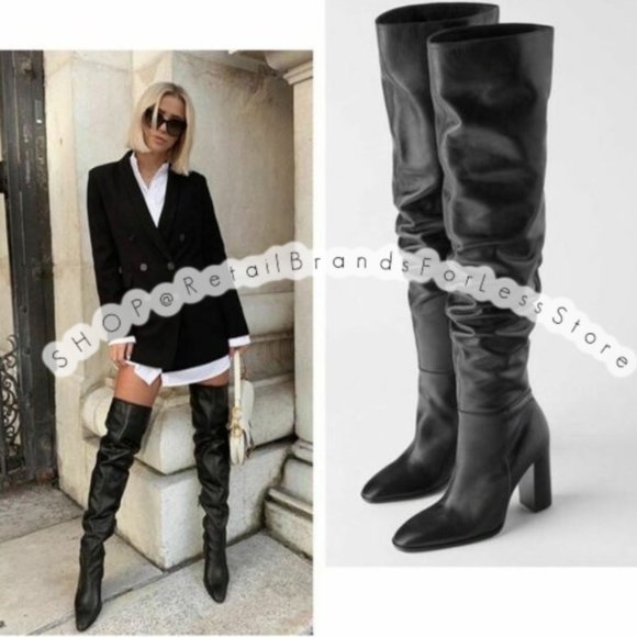 ZARA 100% LEATHER BLACK OVER THE KNEE HEELED BOOTS